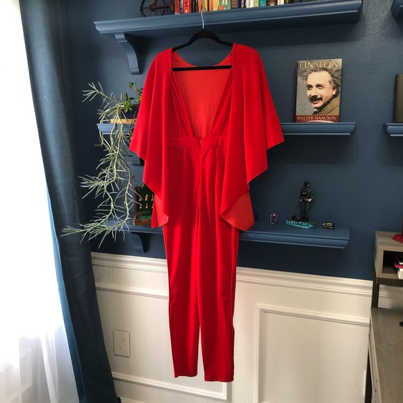 Cape Shoulder Backless Red Tapered Jumpsuit - Picture 7 of 8